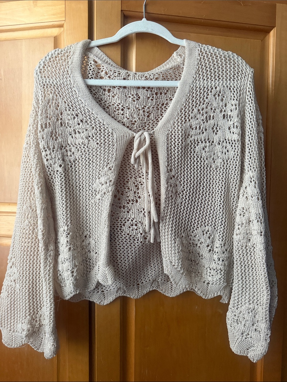 SHEIN Light Beige Crochet Tie-Front Cardigan